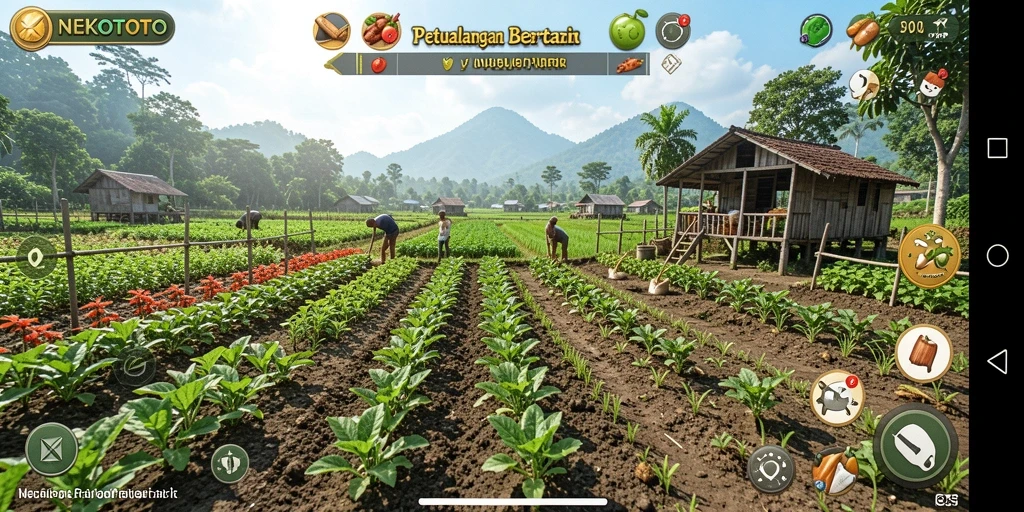 Tampilan menarik dari gameplay NEKOTOTO di dunia pertanian.